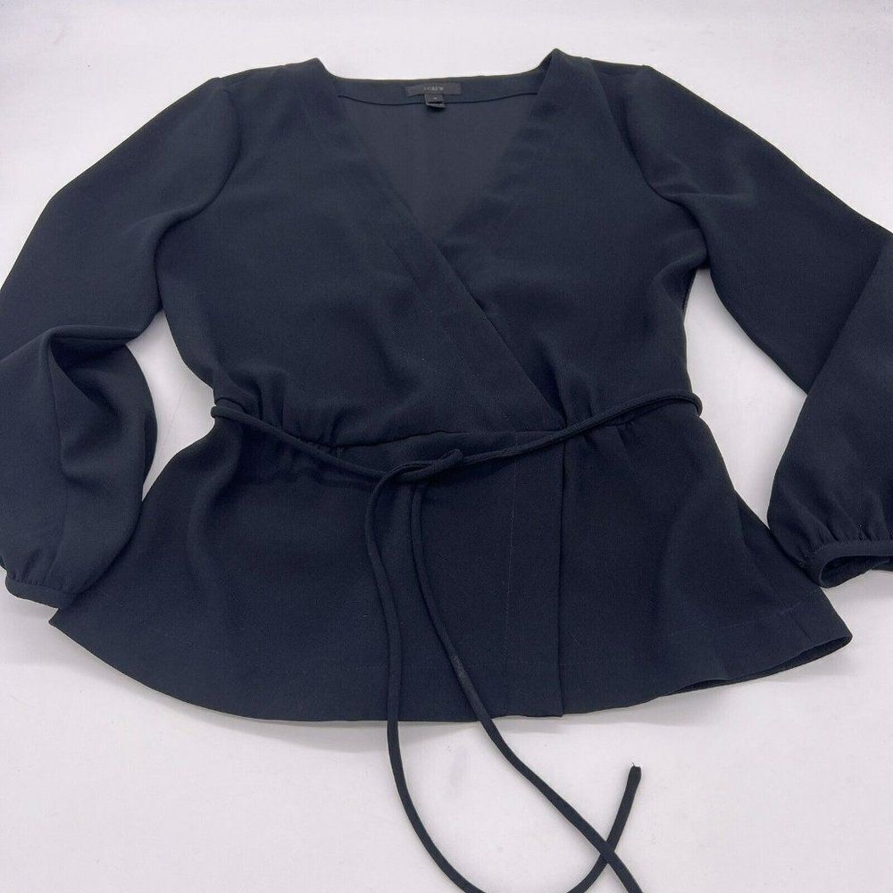 J.Crew Women's Black Business V-Neck Belted Blouse Long Sleeve Size 4